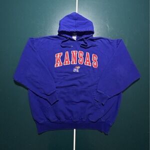 Vintage Kansas Jayhawks Hoodie Sweatshirt Men's XL Blue Embroidered Heavy 90s
